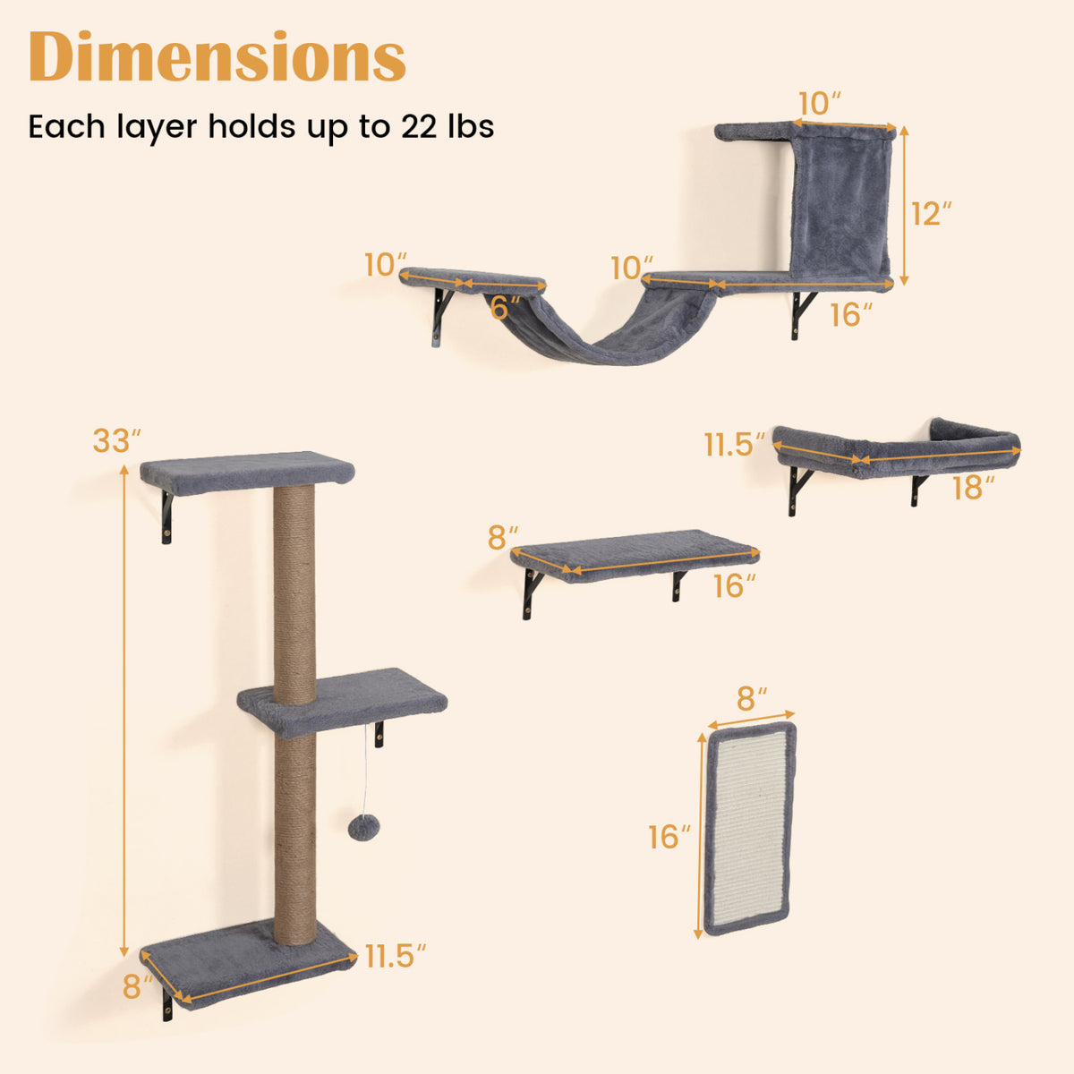 5-in-1 Cat Wall Shelves with Condo Bridge Perch Platform Scratching Post and Board for Indoor-Gray view 4