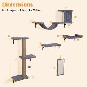 5-in-1 Cat Wall Shelves with Condo Bridge Perch Platform Scratching Post and Board for Indoor-Gray view 4