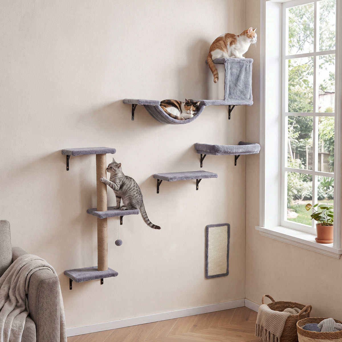 5-in-1 Cat Wall Shelves with Condo Bridge Perch Platform Scratching Post and Board for Indoor-Gray view 5