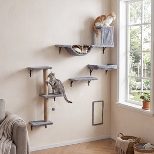 5-in-1 Cat Wall Shelves with Condo Bridge Perch Platform Scratching Post and Board for Indoor-Gray view 5