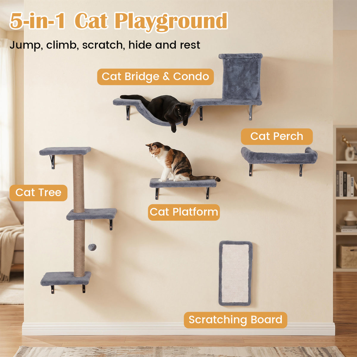 5-in-1 Cat Wall Shelves with Condo Bridge Perch Platform Scratching Post and Board for Indoor-Gray view 6