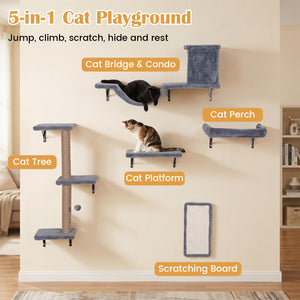 5-in-1 Cat Wall Shelves with Condo Bridge Perch Platform Scratching Post and Board for Indoor-Gray view 6