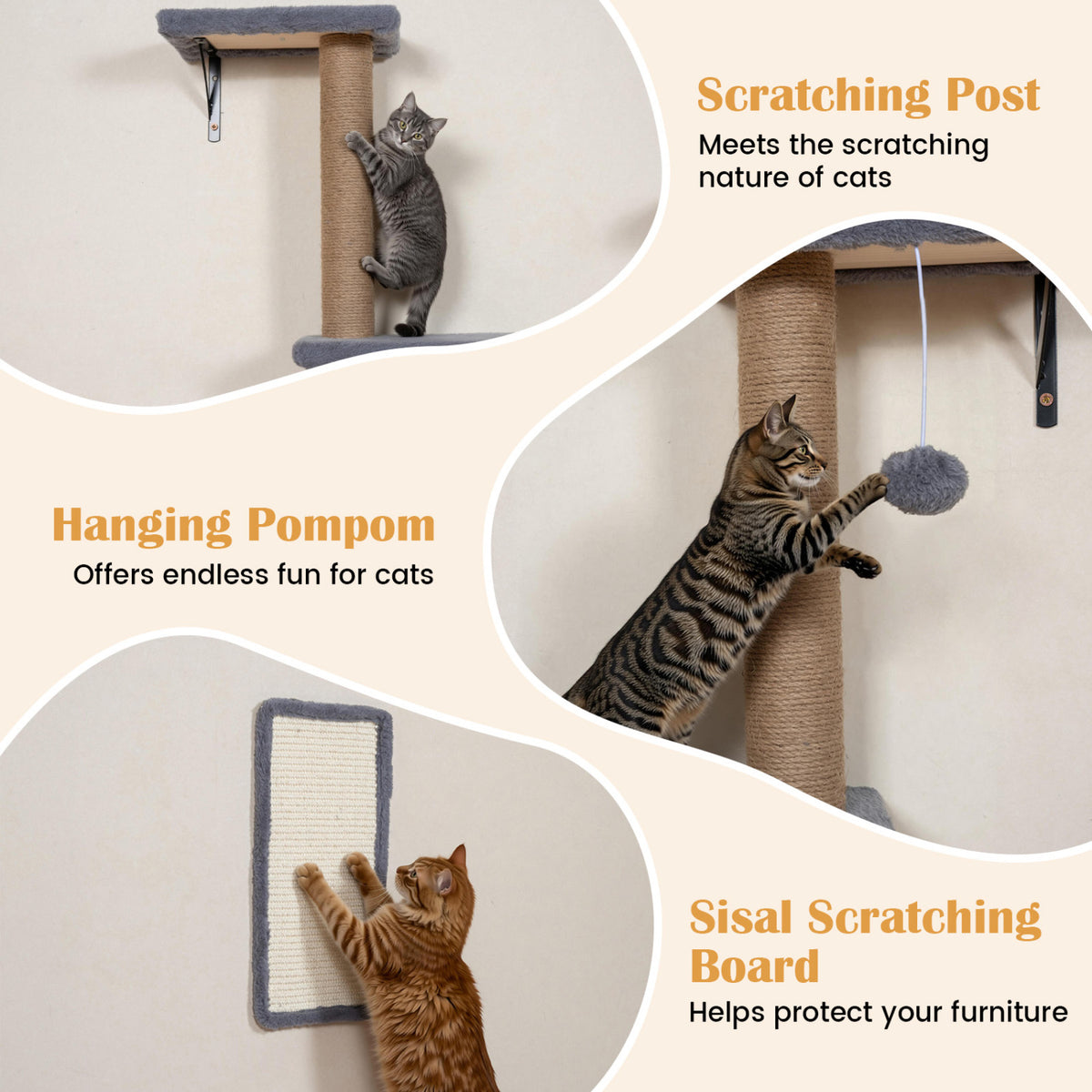5-in-1 Cat Wall Shelves with Condo Bridge Perch Platform Scratching Post and Board for Indoor-Gray view 7