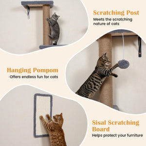 5-in-1 Cat Wall Shelves with Condo Bridge Perch Platform Scratching Post and Board for Indoor-Gray view 7