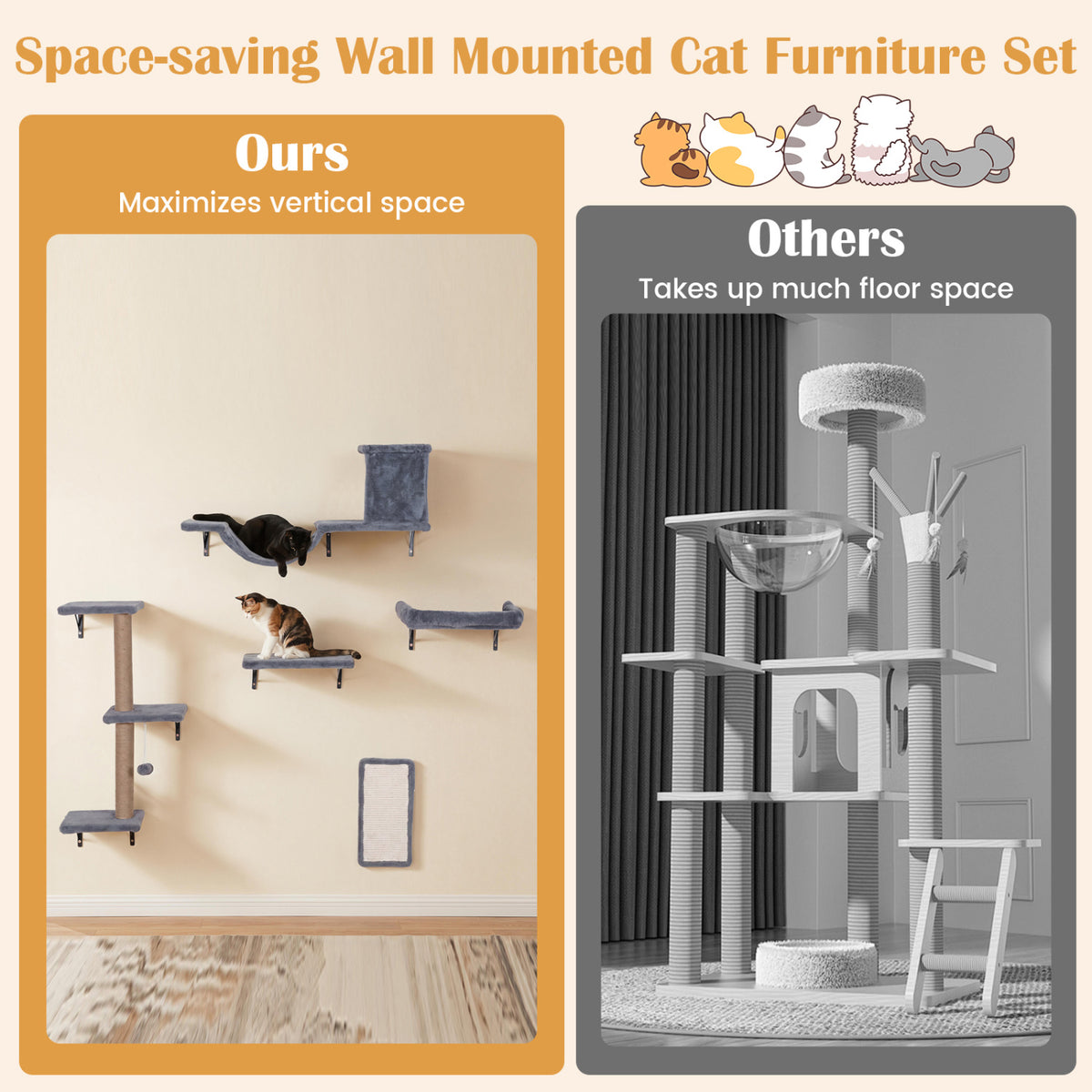 5-in-1 Cat Wall Shelves with Condo Bridge Perch Platform Scratching Post and Board for Indoor-Gray view 8