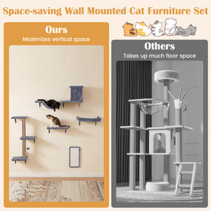 5-in-1 Cat Wall Shelves with Condo Bridge Perch Platform Scratching Post and Board for Indoor-Gray view 8