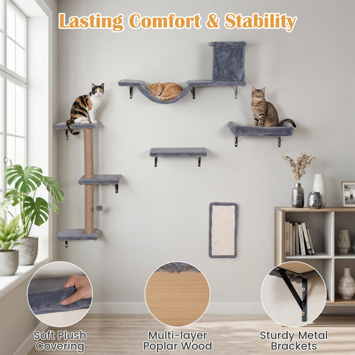 5-in-1 Cat Wall Shelves with Condo Bridge Perch Platform Scratching Post and Board for Indoor-Gray view 9