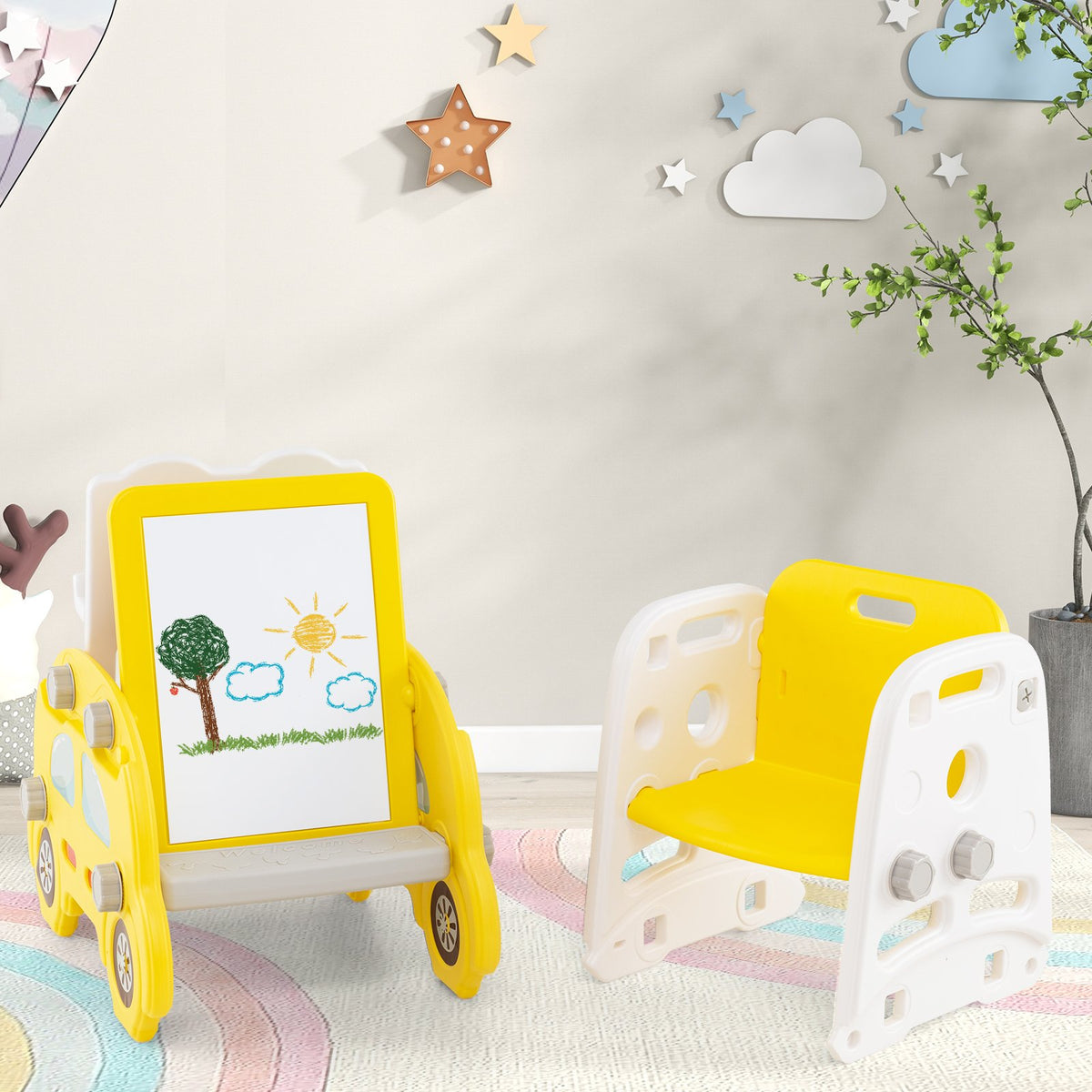 5 in 1 Convertible Toddler Slide Set Kids Art Easel with Stool and Book Rack-Yellow view 3