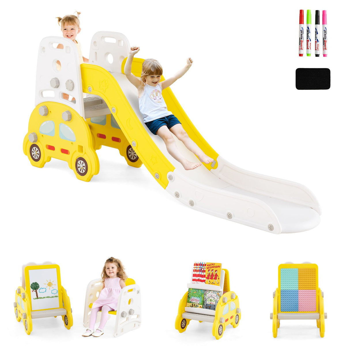 5 in 1 Convertible Toddler Slide Set Kids Art Easel with Stool and Book Rack-Yellow view 4