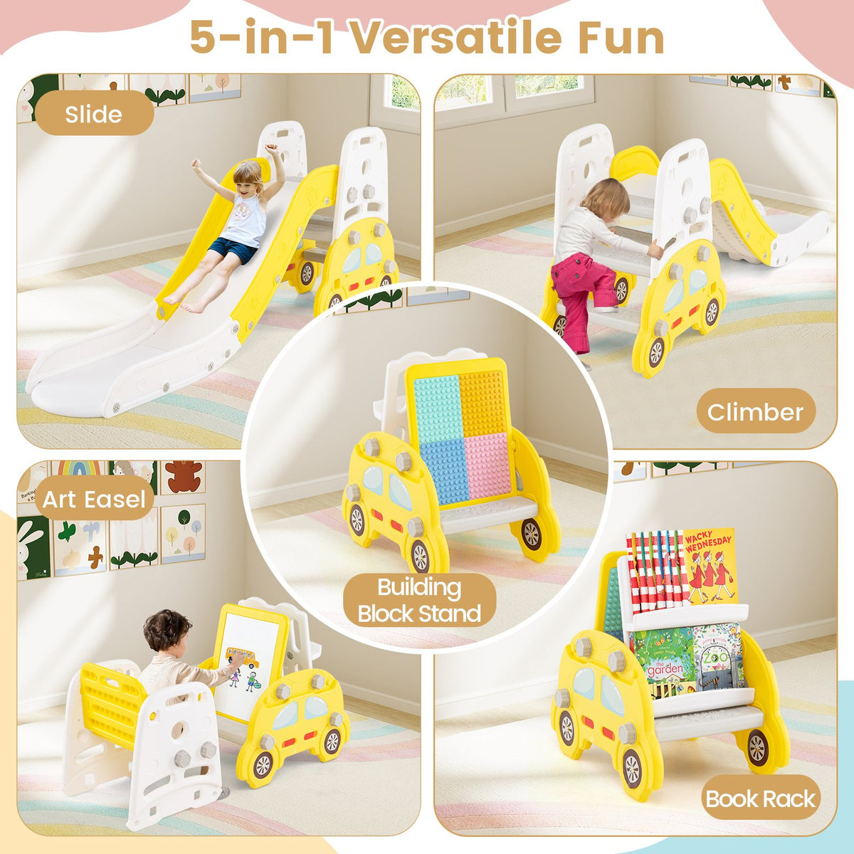 5 in 1 Convertible Toddler Slide Set Kids Art Easel with Stool and Book Rack-Yellow view 6
