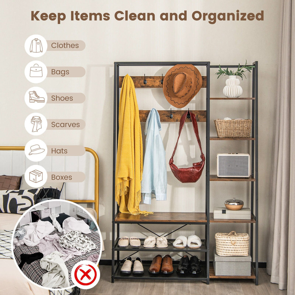 5-in-1 Entryway Hall Tree with Storage Bench with 9 Hooks-Rustic Brown view 6