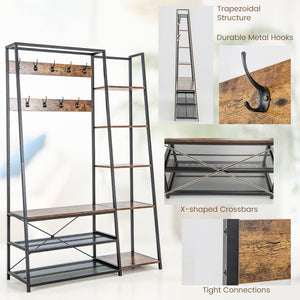 5-in-1 Entryway Hall Tree with Storage Bench with 9 Hooks-Rustic Brown view 7
