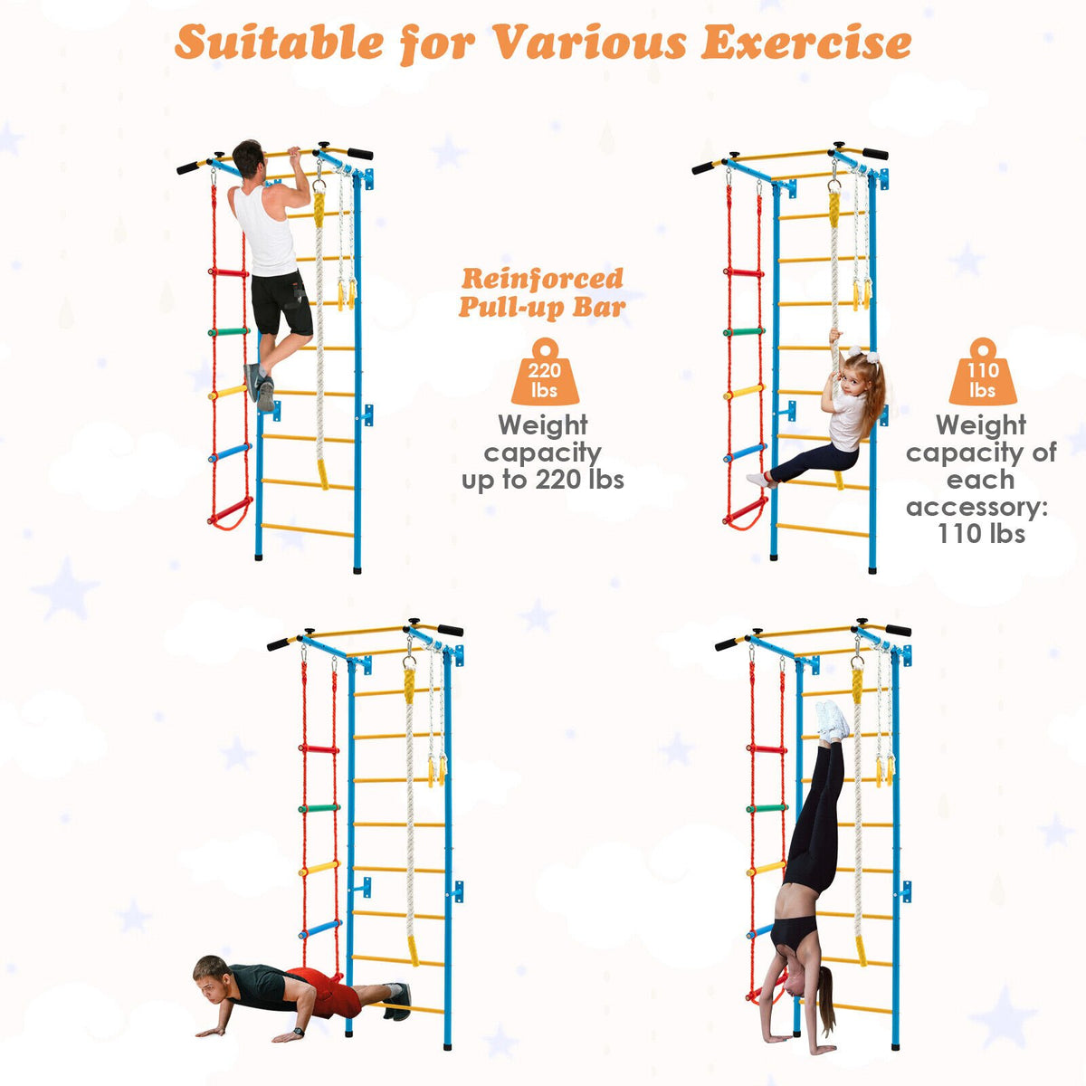 7 In 1 Kids Indoor Gym Playground Swedish Wall Ladder for Solid Wall-Yellow view 4