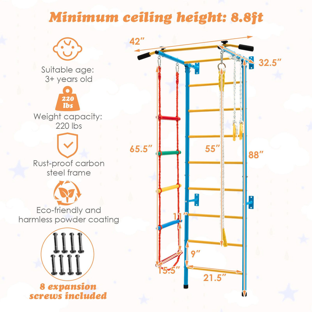 7 In 1 Kids Indoor Gym Playground Swedish Wall Ladder for Solid Wall-Yellow view 5