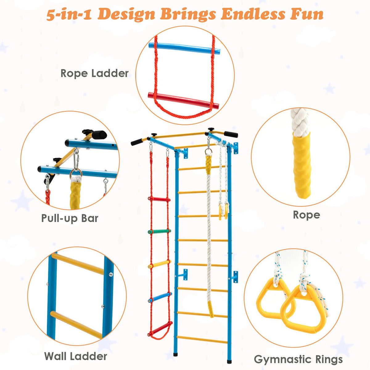 7 In 1 Kids Indoor Gym Playground Swedish Wall Ladder for Solid Wall-Yellow view 7