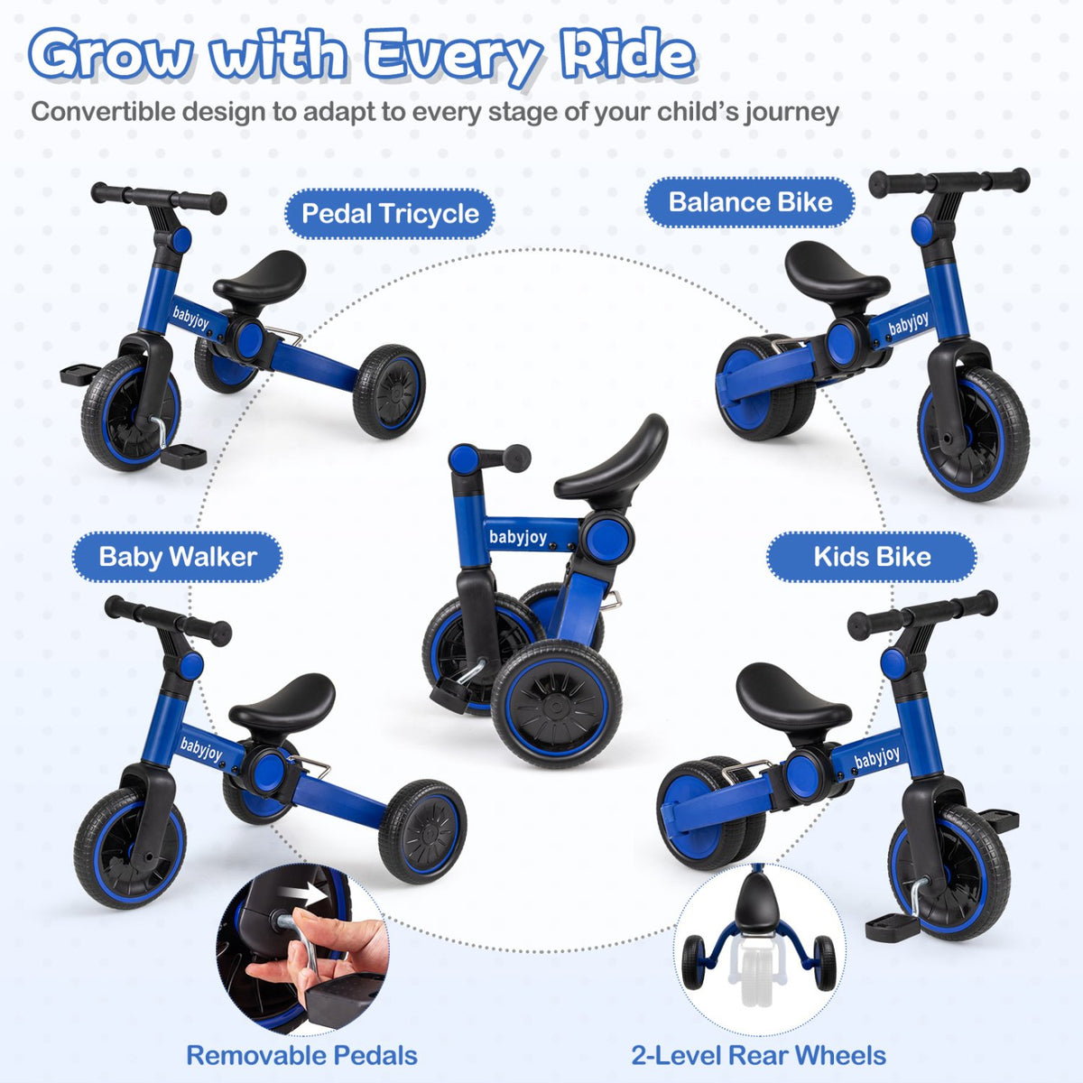 5-In-1 Toddler Bike Kids Balance Bike with Removable Pedals-Blue view 6