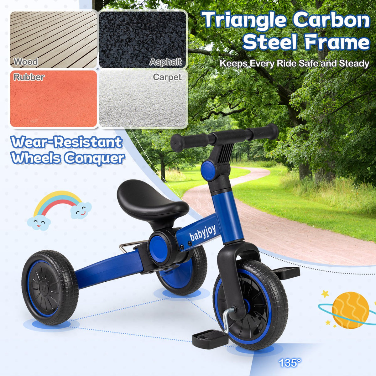 5-In-1 Toddler Bike Kids Balance Bike with Removable Pedals-Blue view 8
