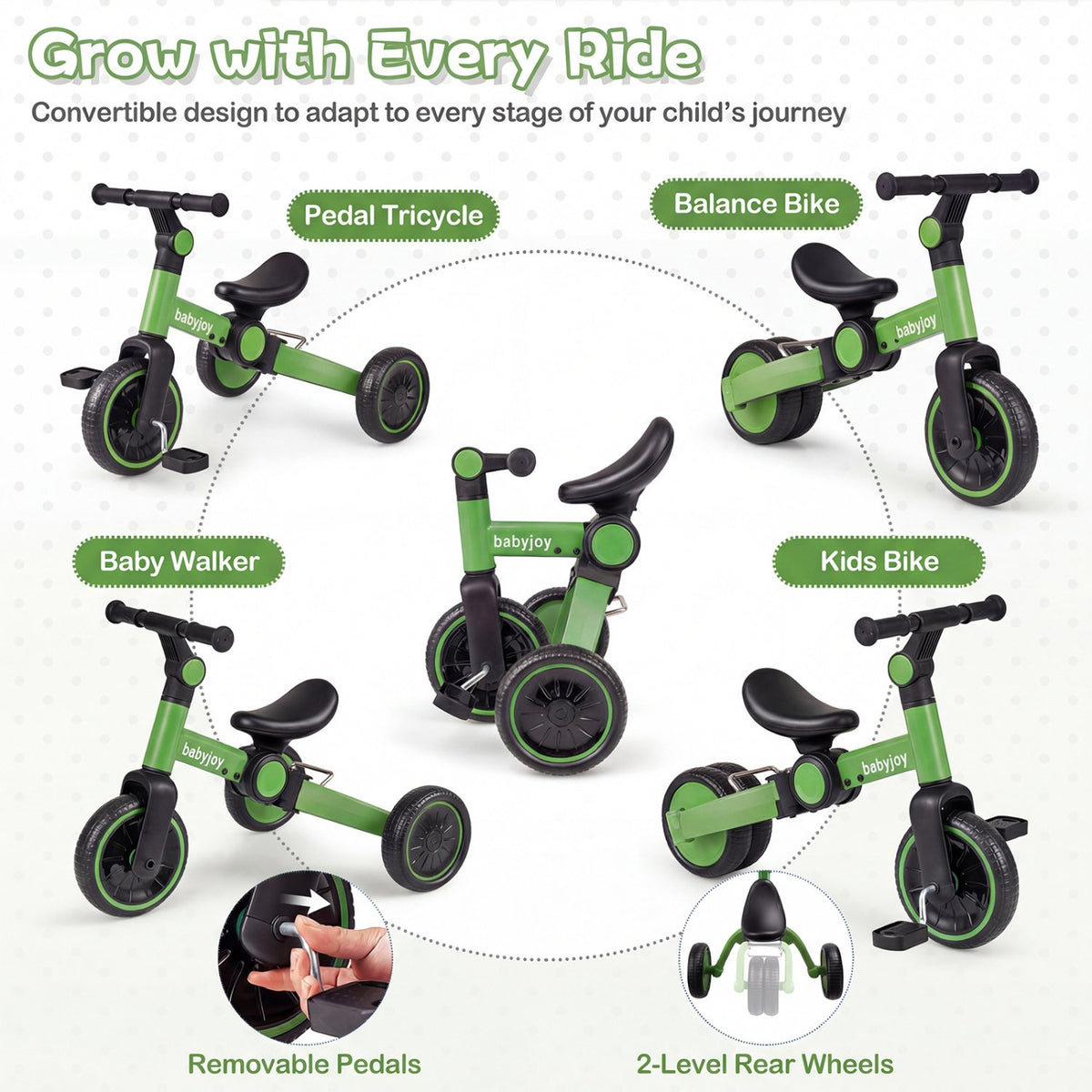 5-In-1 Toddler Bike Kids Balance Bike with Removable Pedals-Green view 6