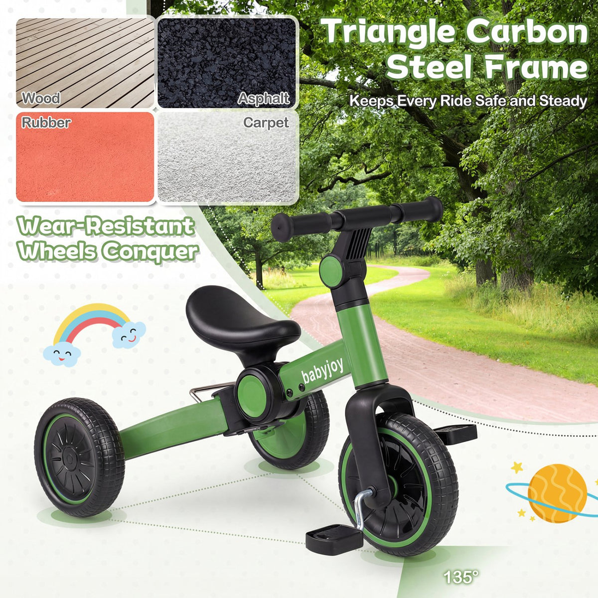 5-In-1 Toddler Bike Kids Balance Bike with Removable Pedals-Green view 8