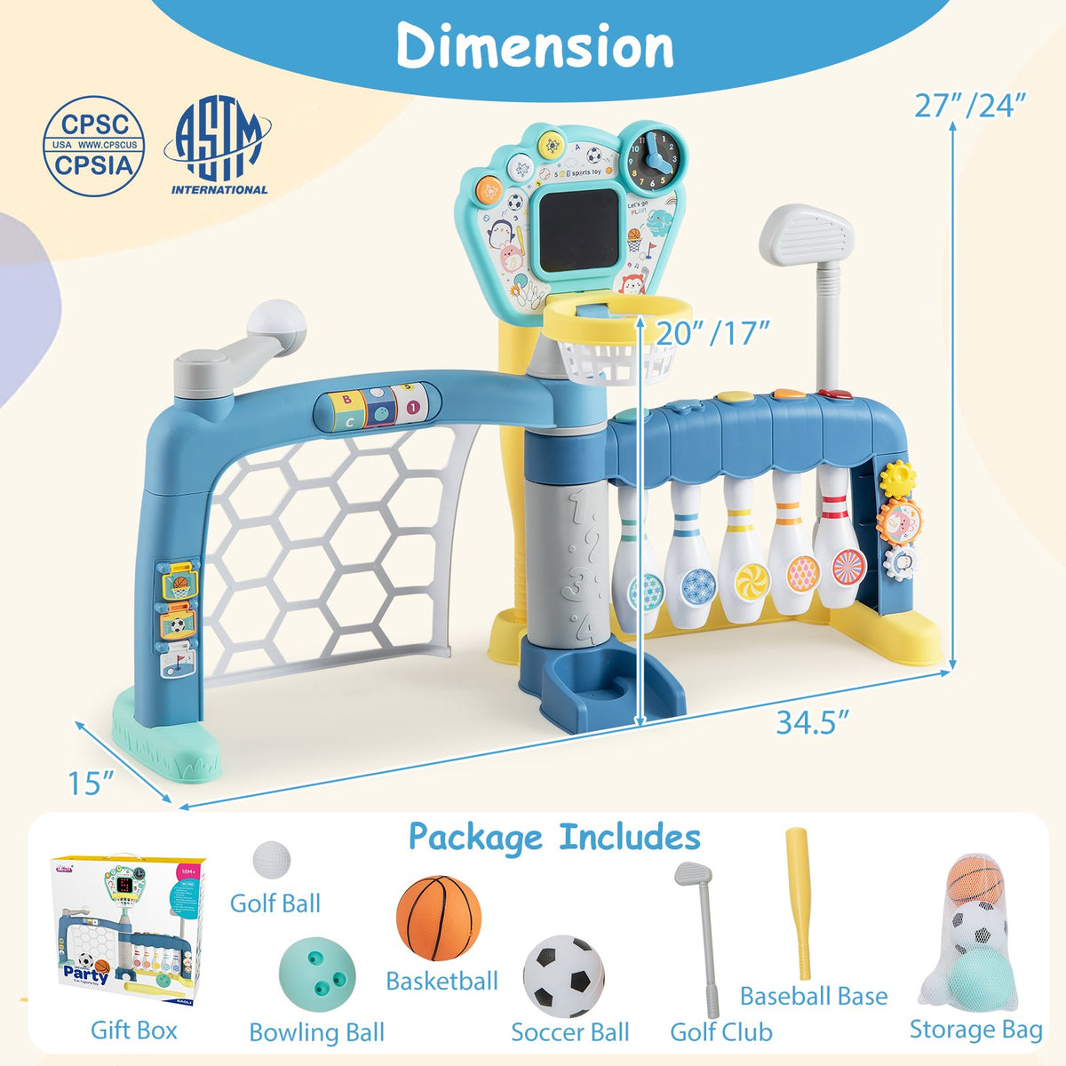 5 in 1 Toddler Sports Toy with Adjustable Basketball Hoop for Baby Boys Girls 18 Months+ view 4