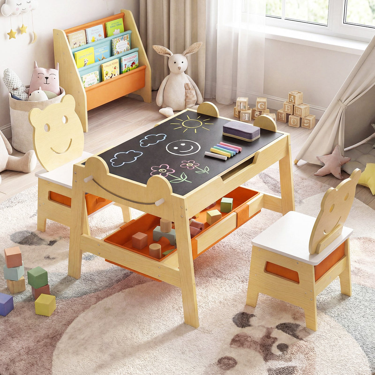 5-in-1 Toddler Table and 2 Chairs Cute Art Desk Set with Reversible Chalkboard Whiteboard-Natural view 2