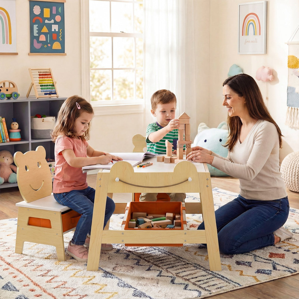 5-in-1 Toddler Table and 2 Chairs Cute Art Desk Set with Reversible Chalkboard Whiteboard-Natural view 3