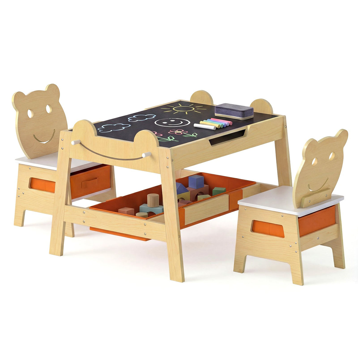 5-in-1 Toddler Table and 2 Chairs Cute Art Desk Set with Reversible Chalkboard Whiteboard-Natural view 4