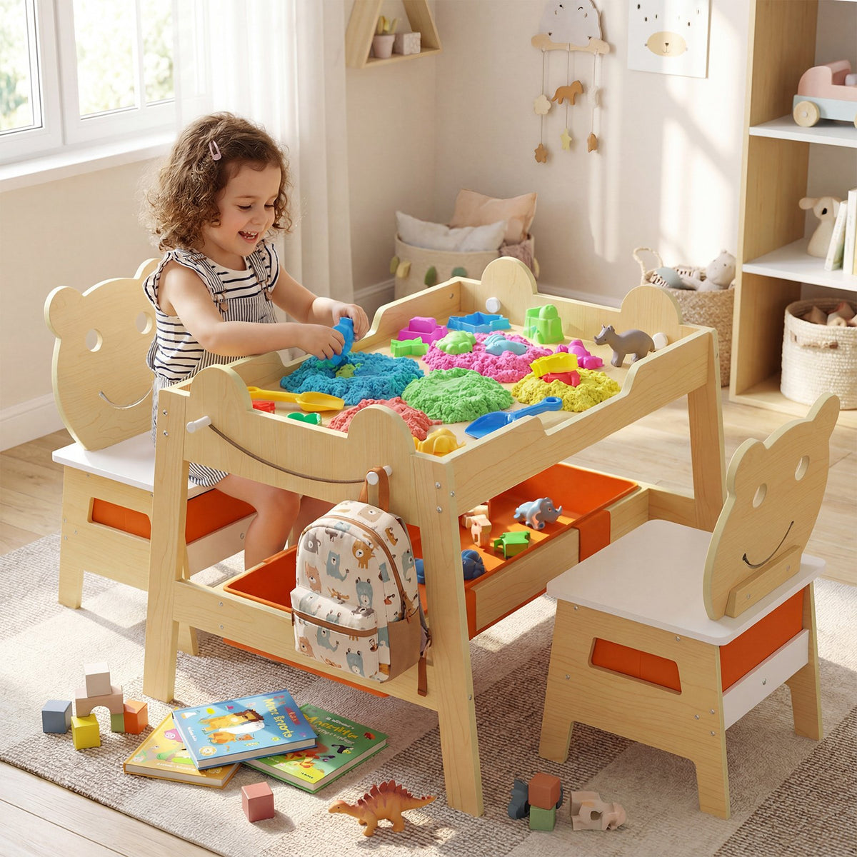 5-in-1 Toddler Table and 2 Chairs Cute Art Desk Set with Reversible Chalkboard Whiteboard-Natural view 6