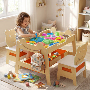5-in-1 Toddler Table and 2 Chairs Cute Art Desk Set with Reversible Chalkboard Whiteboard-Natural view 6