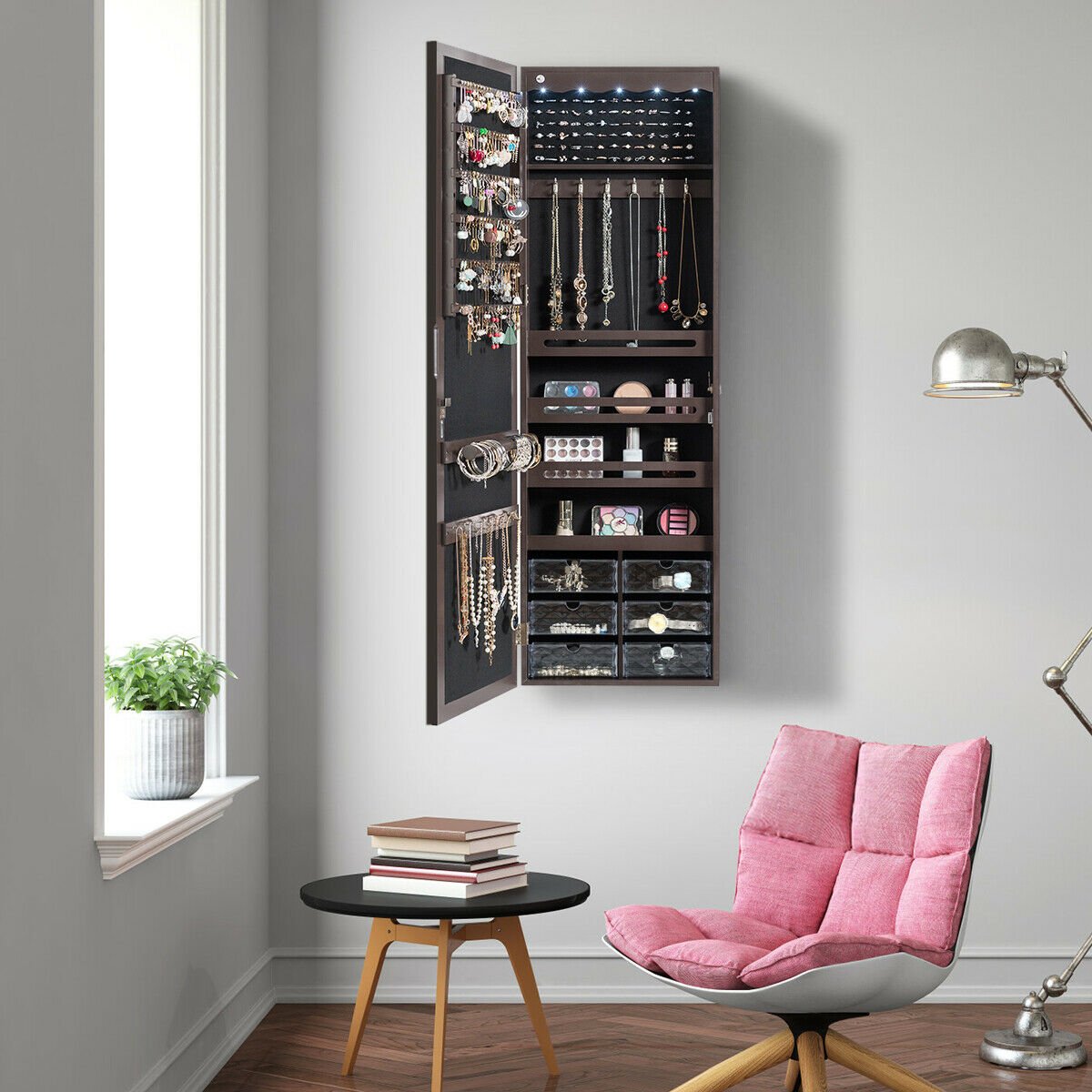 Door Hanging Mirror Jewelry Armoire with Full Length Mirror and 6 Drawers-Coffee view 2