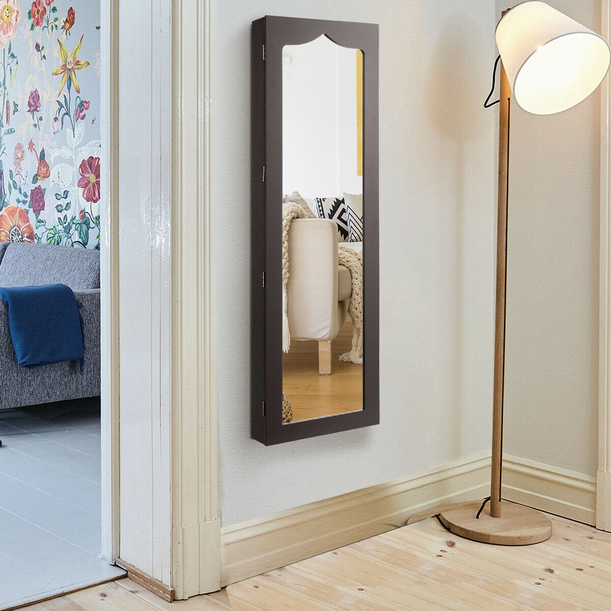 Door Hanging Mirror Jewelry Armoire with Full Length Mirror and 6 Drawers-Coffee view 3