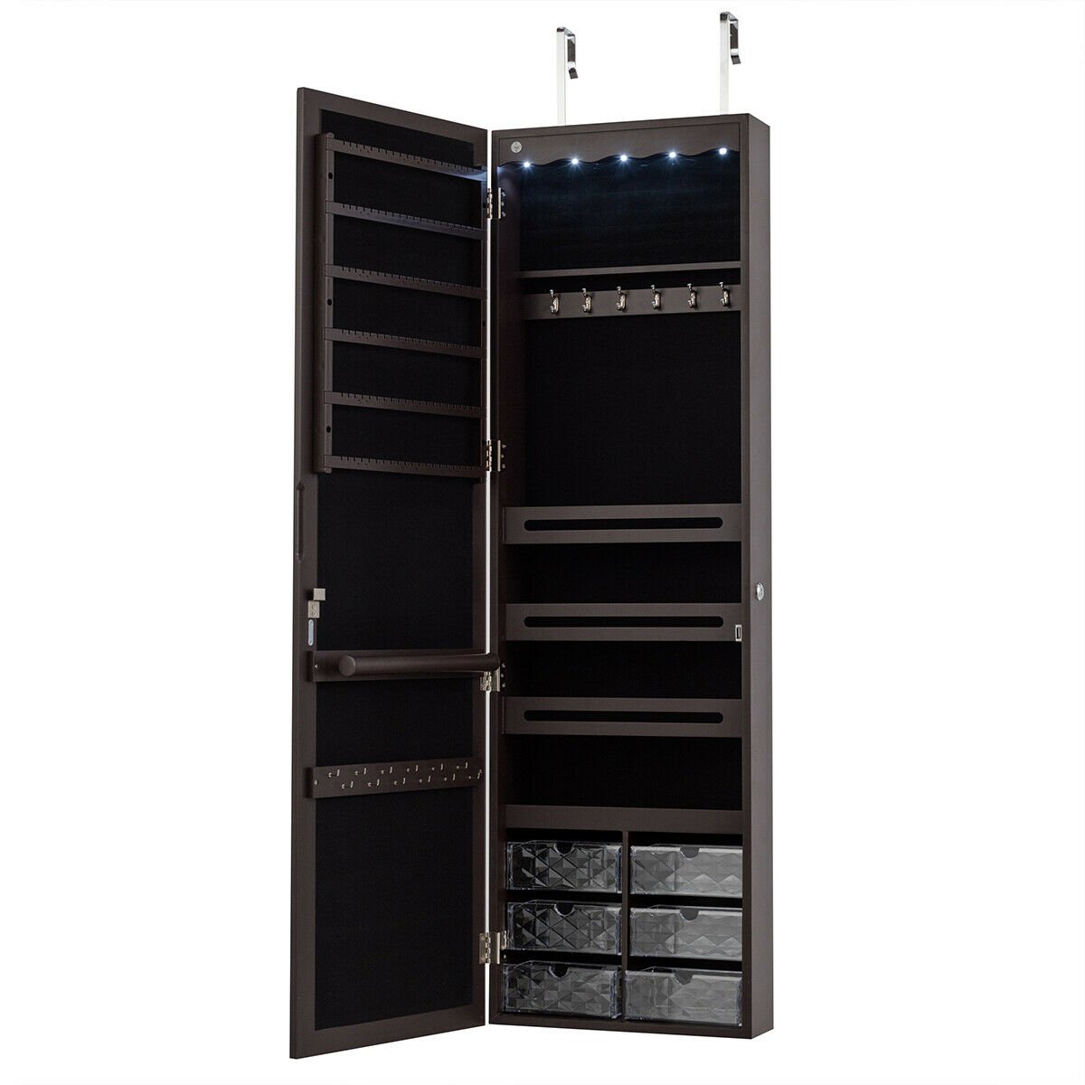 Door Hanging Mirror Jewelry Armoire with Full Length Mirror and 6 Drawers-Coffee view 4