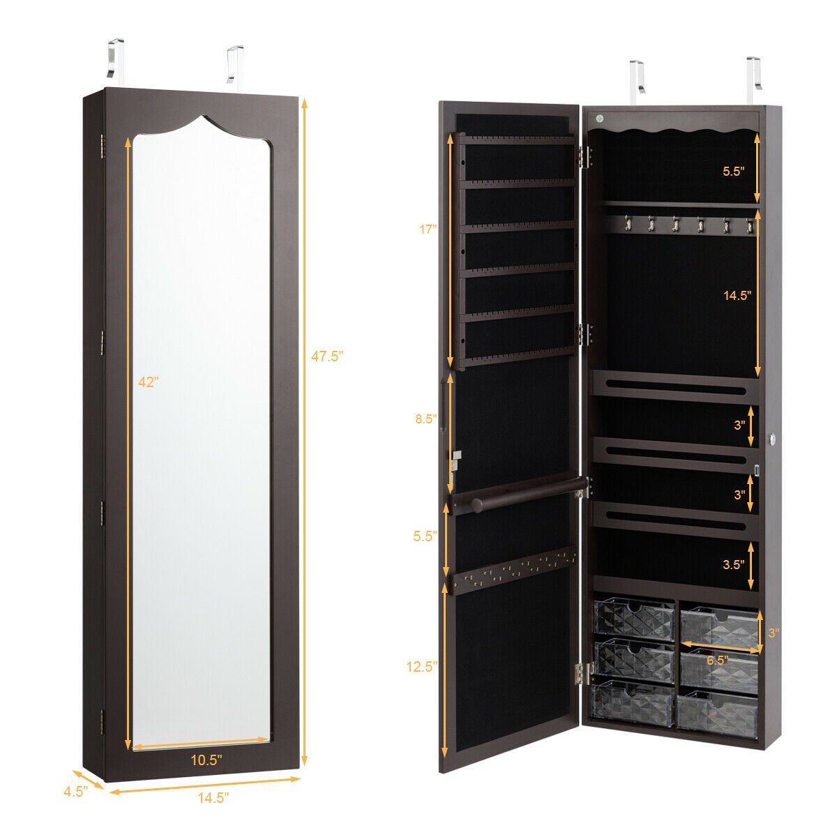 Door Hanging Mirror Jewelry Armoire with Full Length Mirror and 6 Drawers-Coffee view 5