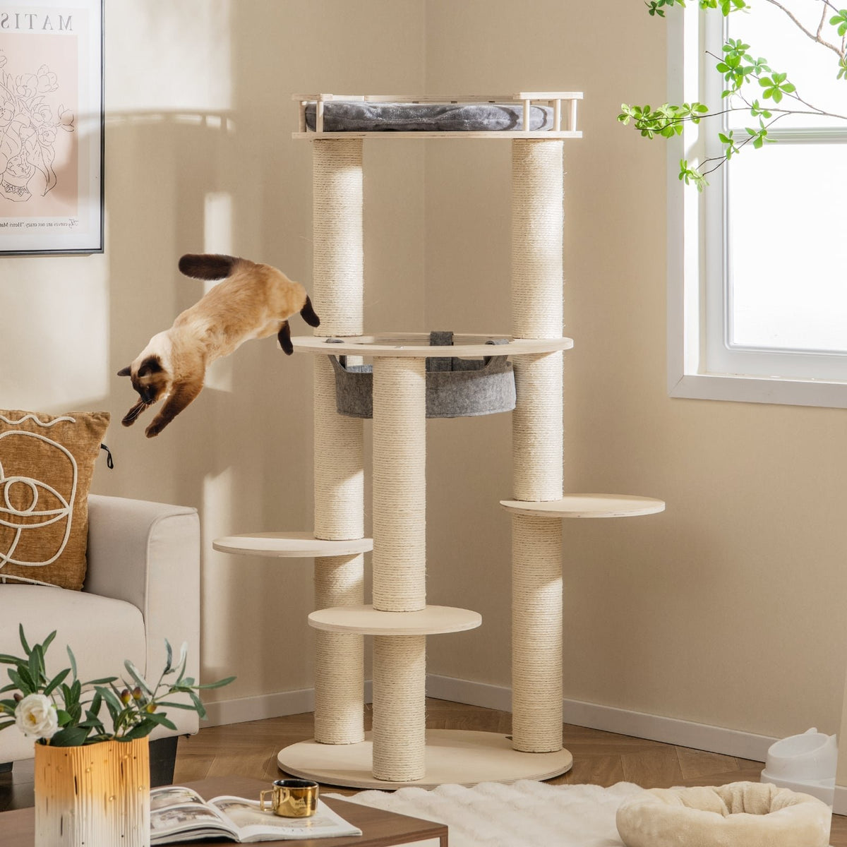 5-level Wooden Cat Tree with Padded Perch Non-woven Hammock-Gray view 2