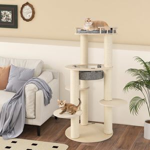5-level Wooden Cat Tree with Padded Perch Non-woven Hammock-Gray view 3