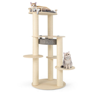 5-level Wooden Cat Tree with Padded Perch Non-woven Hammock-Gray view 4