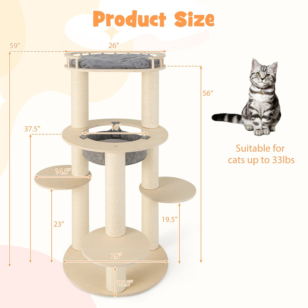 5-level Wooden Cat Tree with Padded Perch Non-woven Hammock-Gray view 5