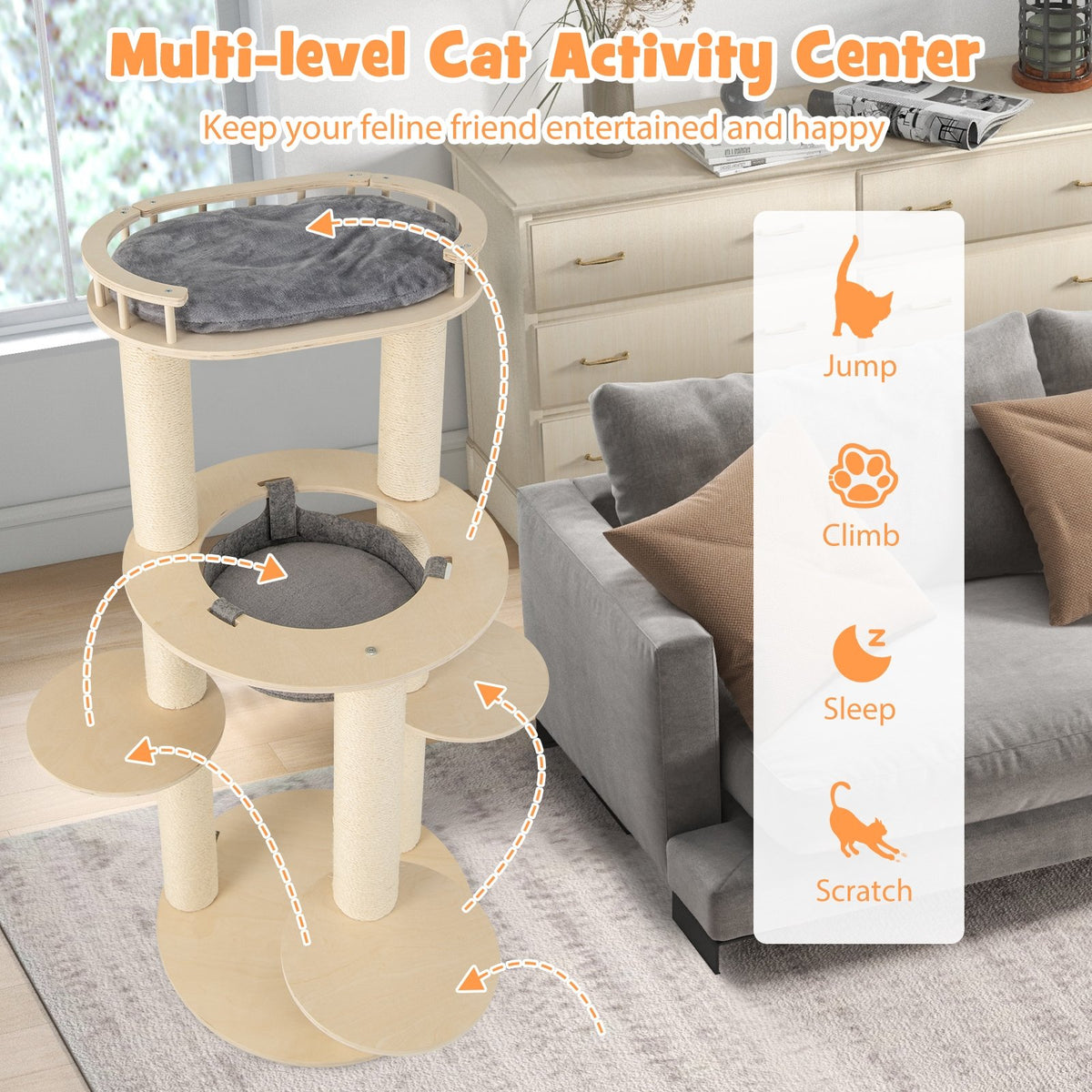 5-level Wooden Cat Tree with Padded Perch Non-woven Hammock-Gray view 6