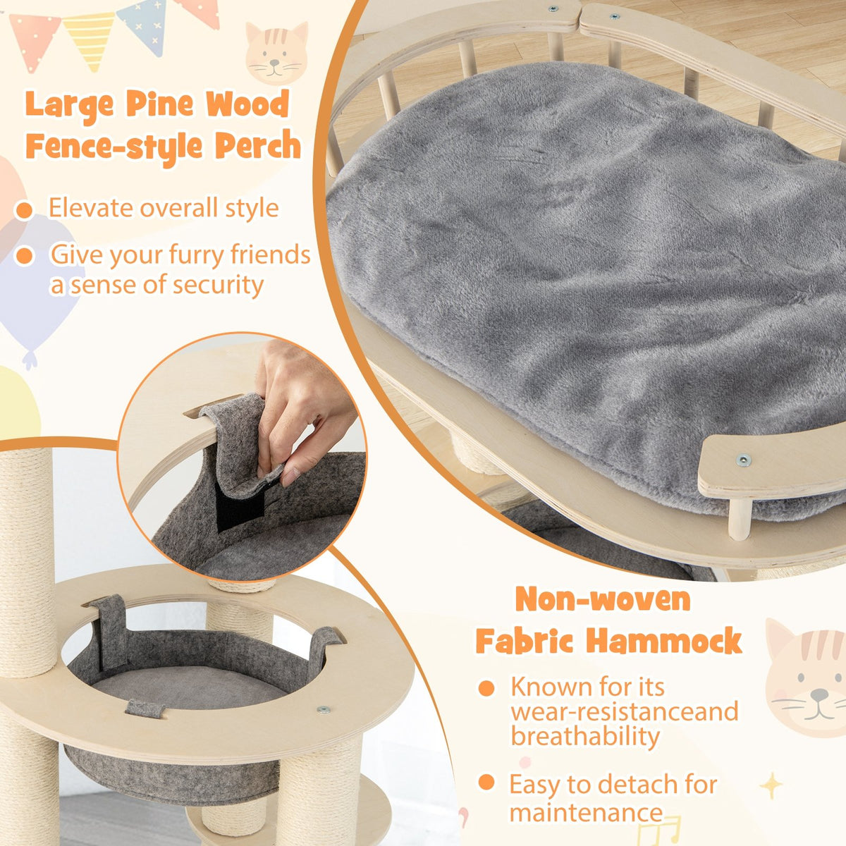 5-level Wooden Cat Tree with Padded Perch Non-woven Hammock-Gray view 7