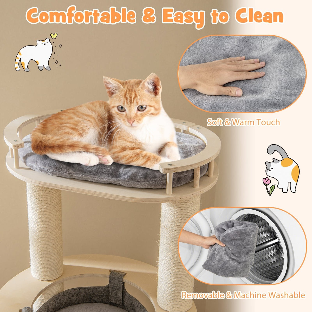 5-level Wooden Cat Tree with Padded Perch Non-woven Hammock-Gray view 9