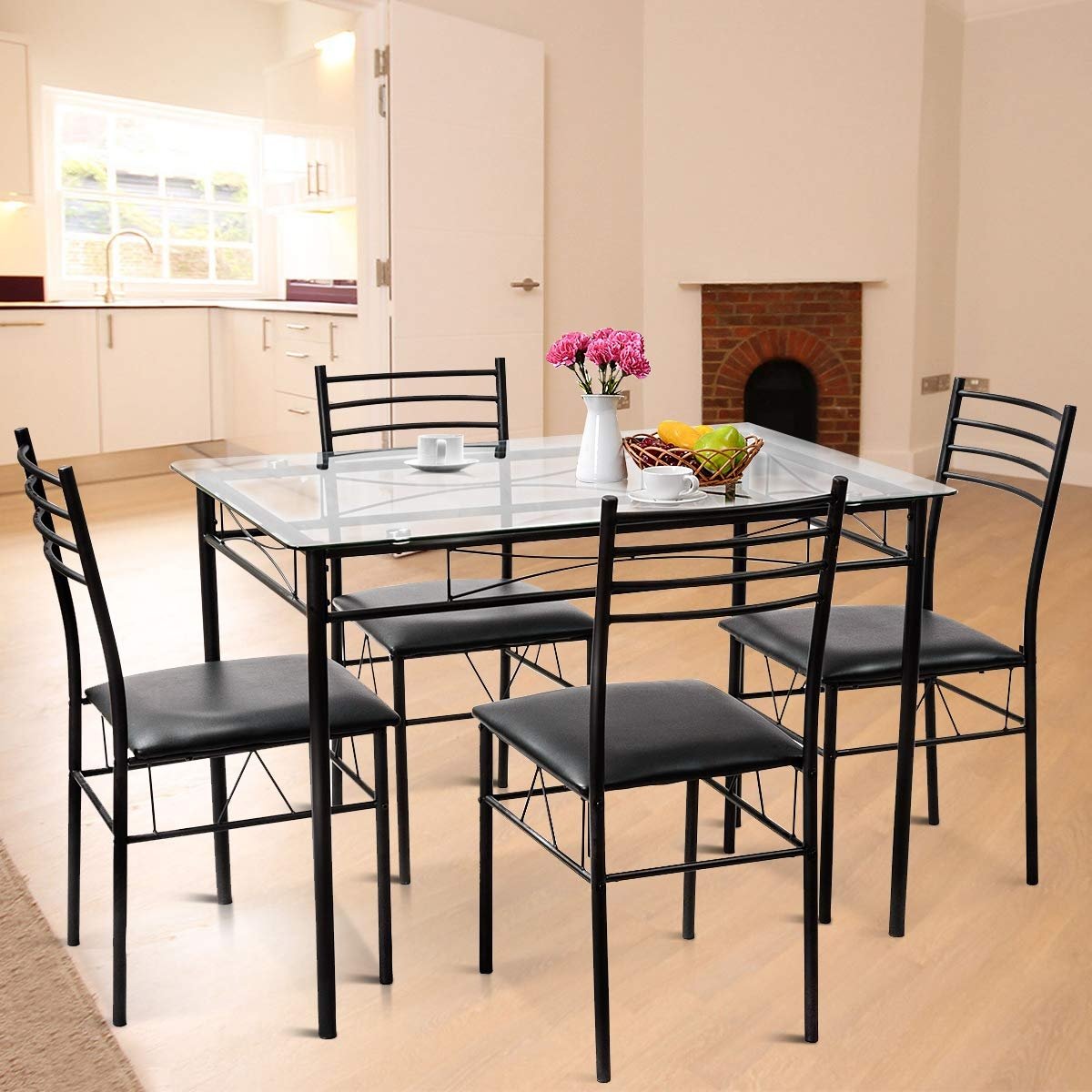 5 Pieces Dining Set with Tempered Glass Top Table and 4 Upholstered Chairs view 2