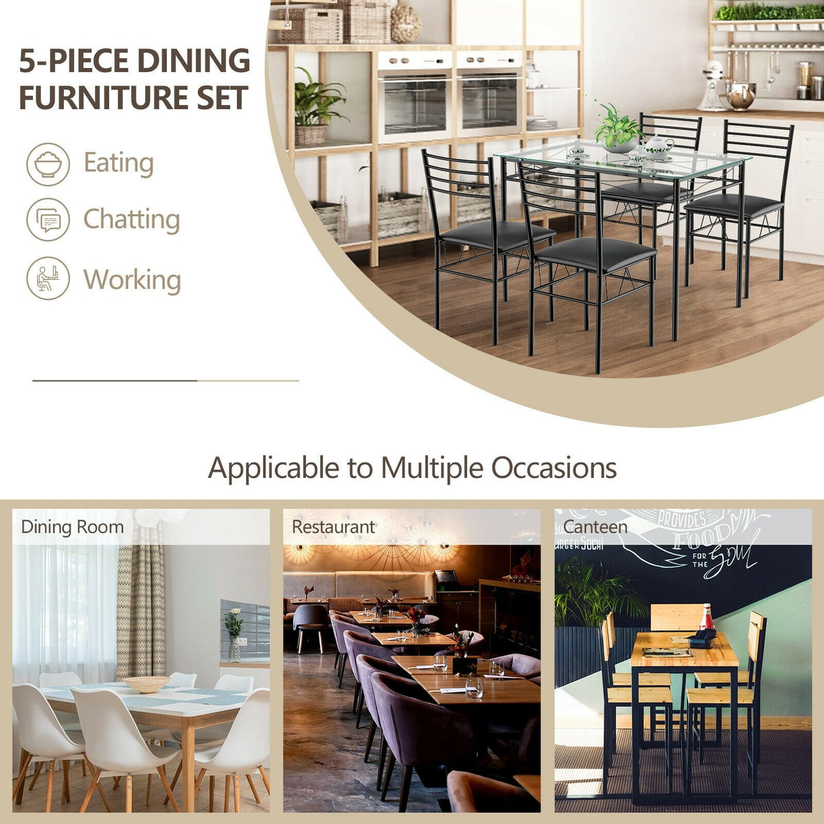 5 Pieces Dining Set with Tempered Glass Top Table and 4 Upholstered Chairs view 3