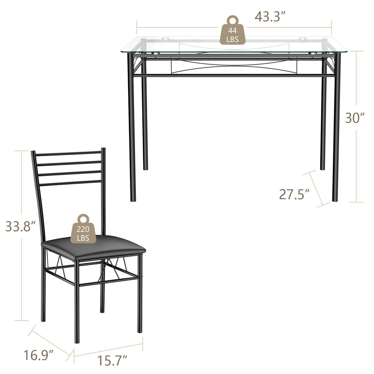5 Pieces Dining Set with Tempered Glass Top Table and 4 Upholstered Chairs view 4