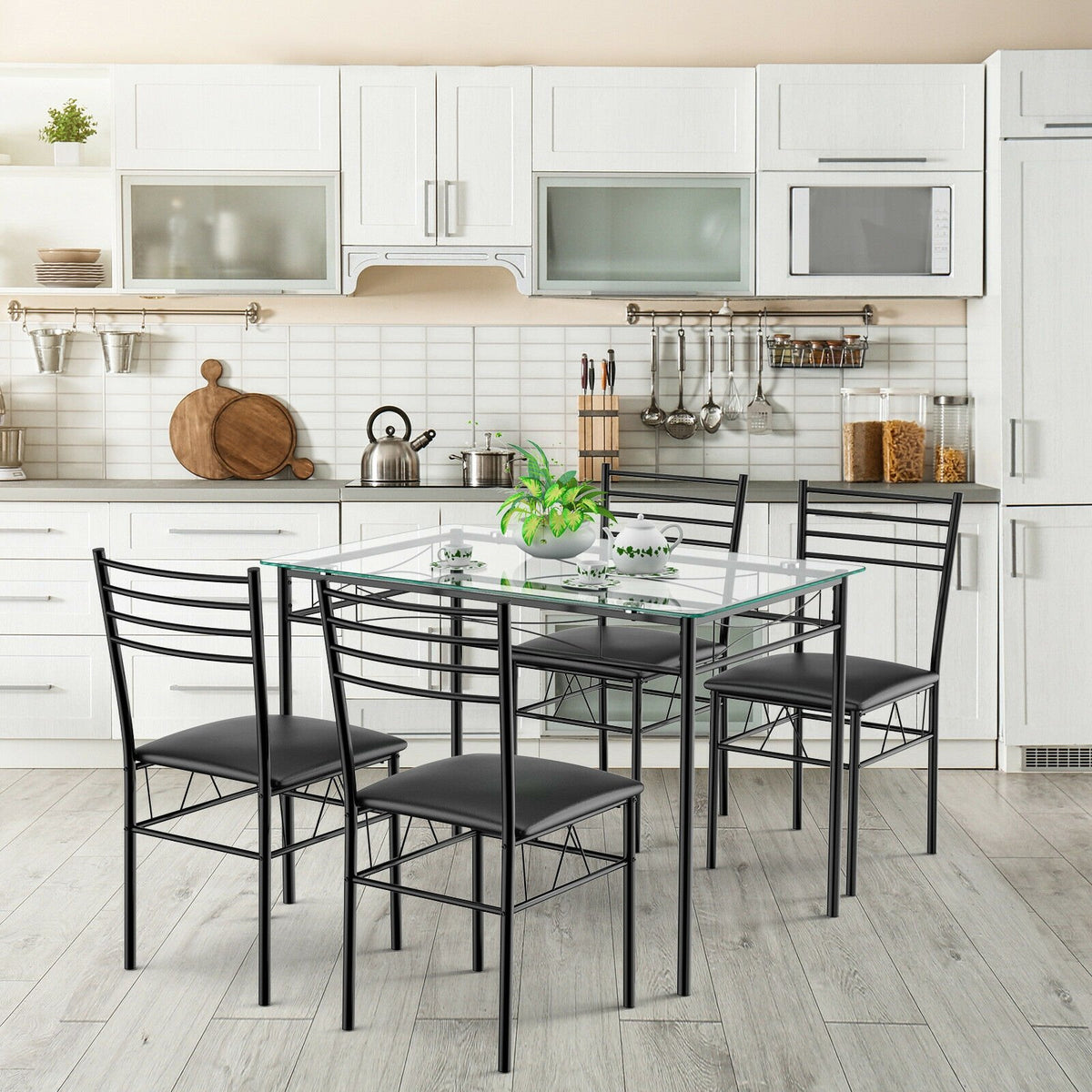 5 Pieces Dining Set with Tempered Glass Top Table and 4 Upholstered Chairs view 6