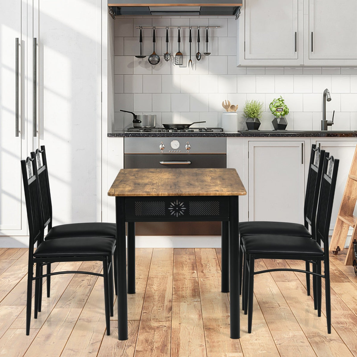 5 Pcs Dining Set Wood Metal Table and 4 Chairs with Cushions-Black view 2