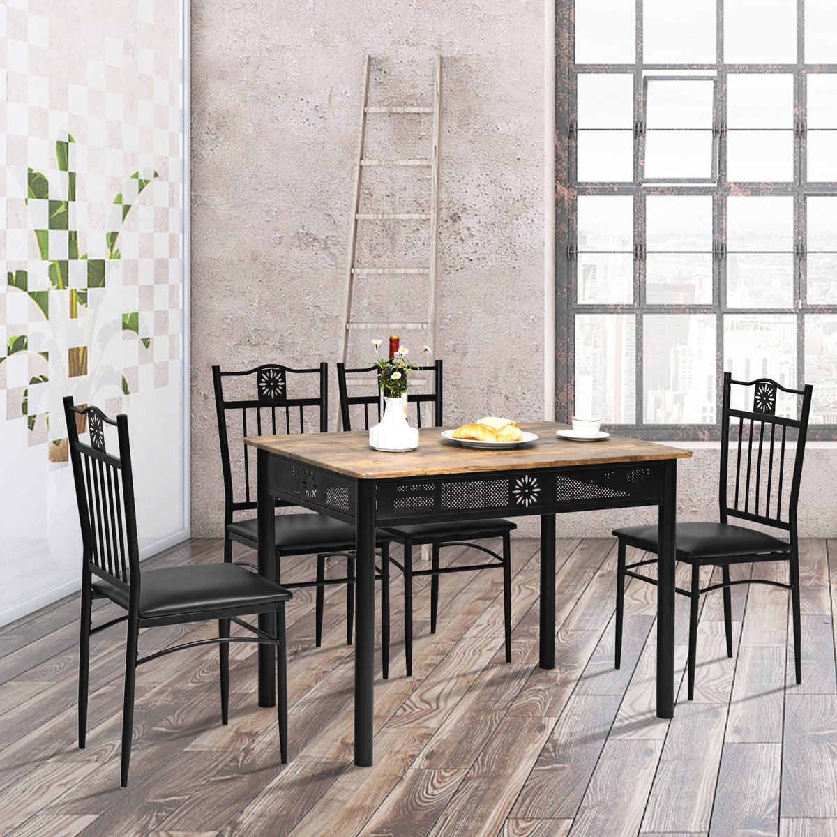 5 Pcs Dining Set Wood Metal Table and 4 Chairs with Cushions-Black view 3