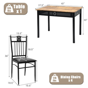 5 Pcs Dining Set Wood Metal Table and 4 Chairs with Cushions-Black view 5