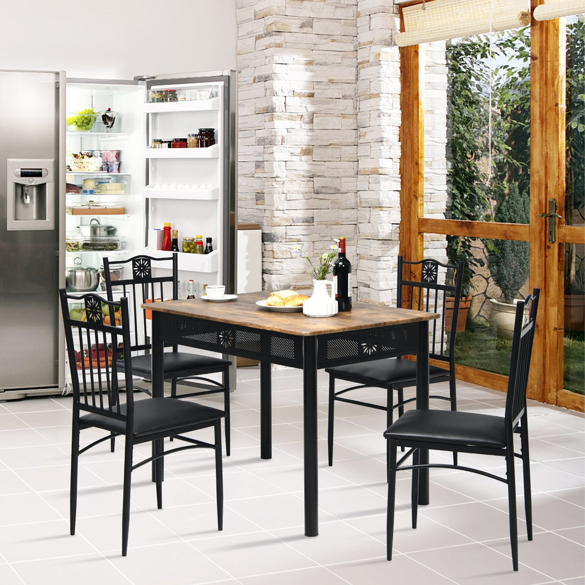 5 Pcs Dining Set Wood Metal Table and 4 Chairs with Cushions-Black view 6