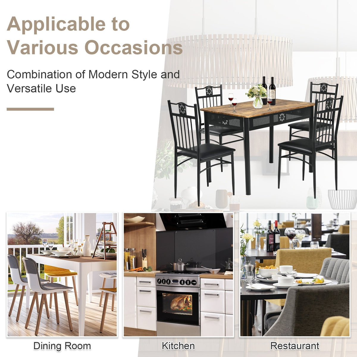 5 Pcs Dining Set Wood Metal Table and 4 Chairs with Cushions-Black view 7