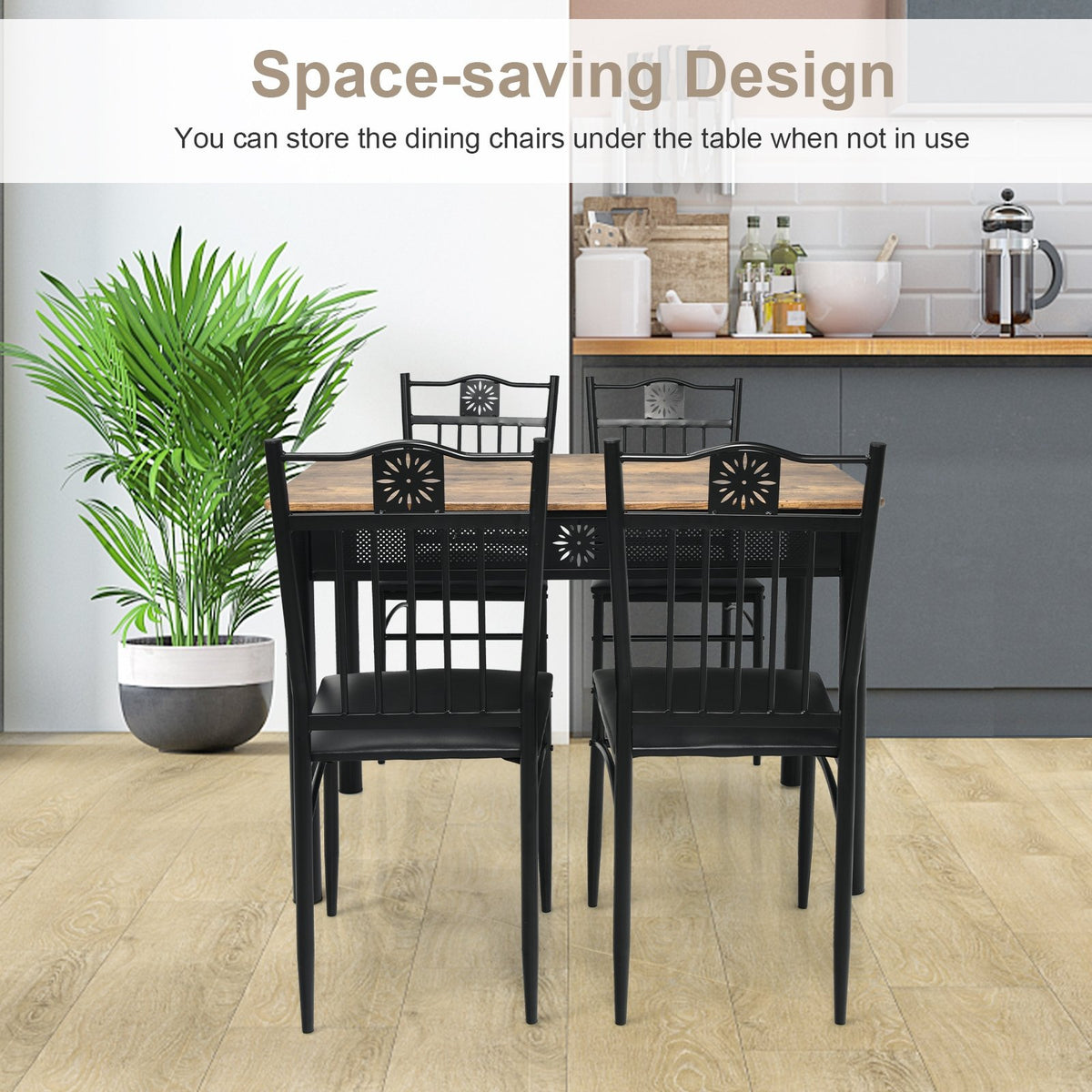 5 Pcs Dining Set Wood Metal Table and 4 Chairs with Cushions-Black view 8